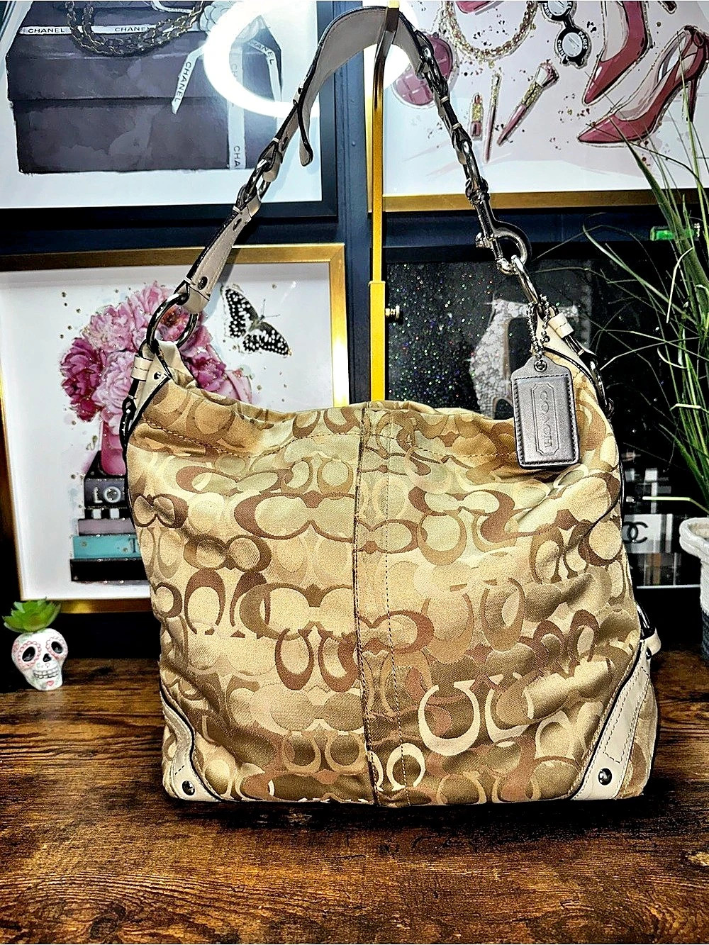 Coach Carly D1085-F13981 Shoulder Bag Monogram Hobo in Brown & Tan